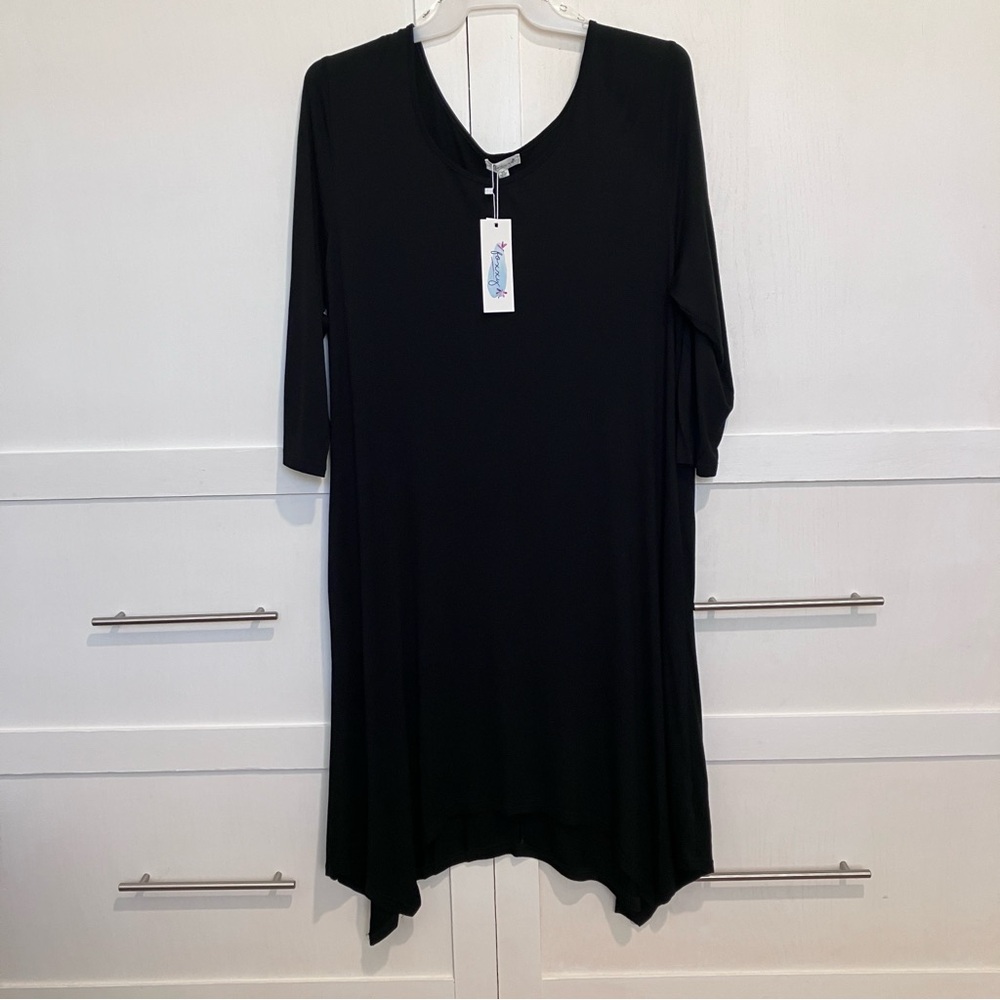 Foxxy Black 3/4 Sleeve Asymmetrical Hem Scoop Neck Knit Dress, 2X